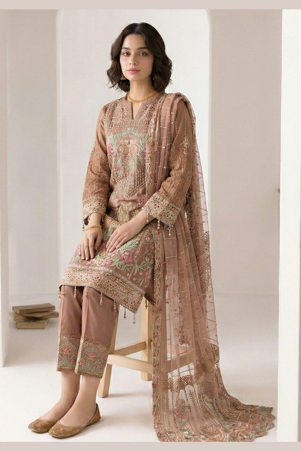 
Seated model in a light brown indian kurta for women with delicate thread embroidery, straight pant with embroidered hem and sheer net dupatta.