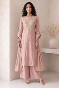 Full-length front view of a pale peach festive wear for women kurta set, an A-line kurta with ankle-length pants and tabby organza dupatta.