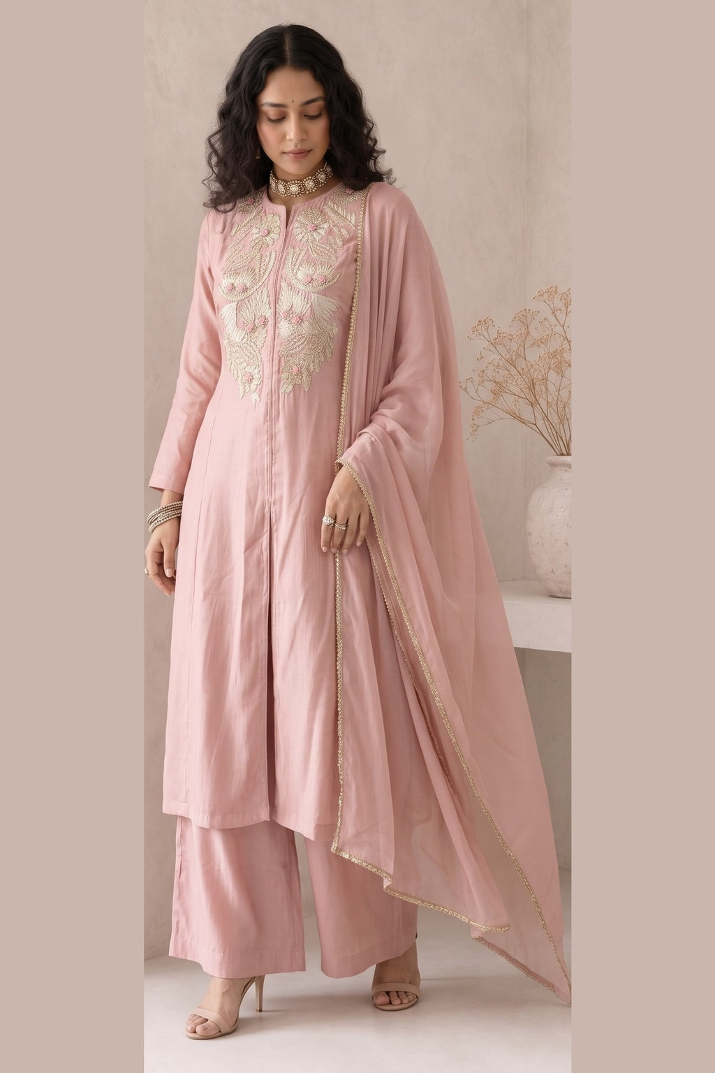 Full-length side view of a pale peach indian wedding guest dresses kurta set, an A-line kurta with ankle-length pants in roman silk.