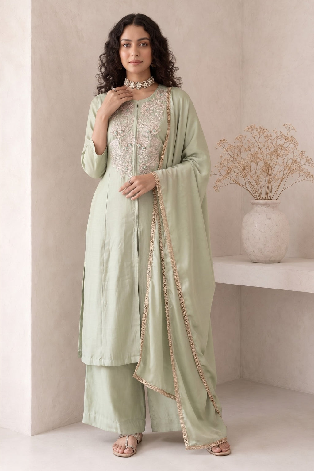 Full-length front view of pastel mint green women kurta set, an A-line kurta with ankle-length pants and embroidered yoke in roman silk.