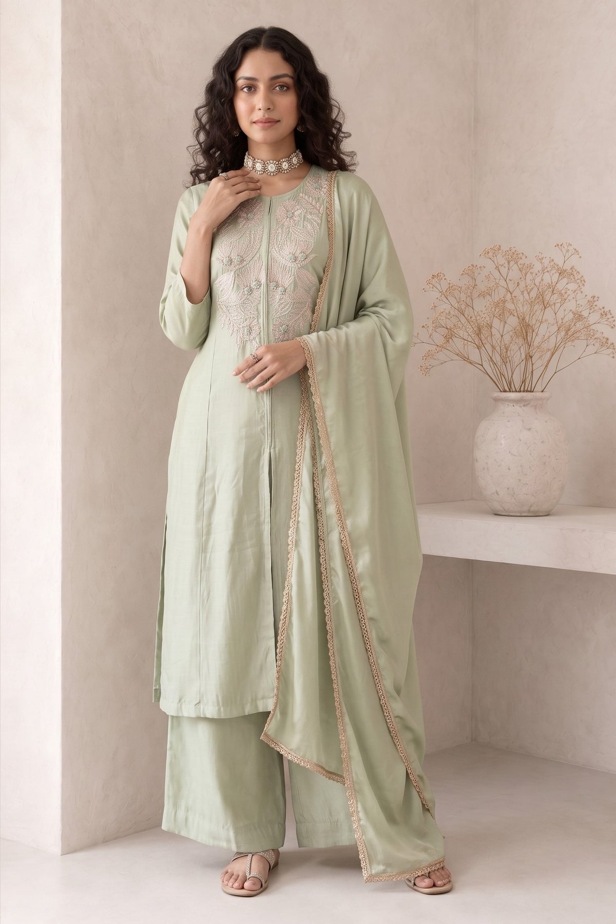 Full-length front view of pastel mint green women kurta set, an A-line kurta with ankle-length pants and embroidered yoke in roman silk.