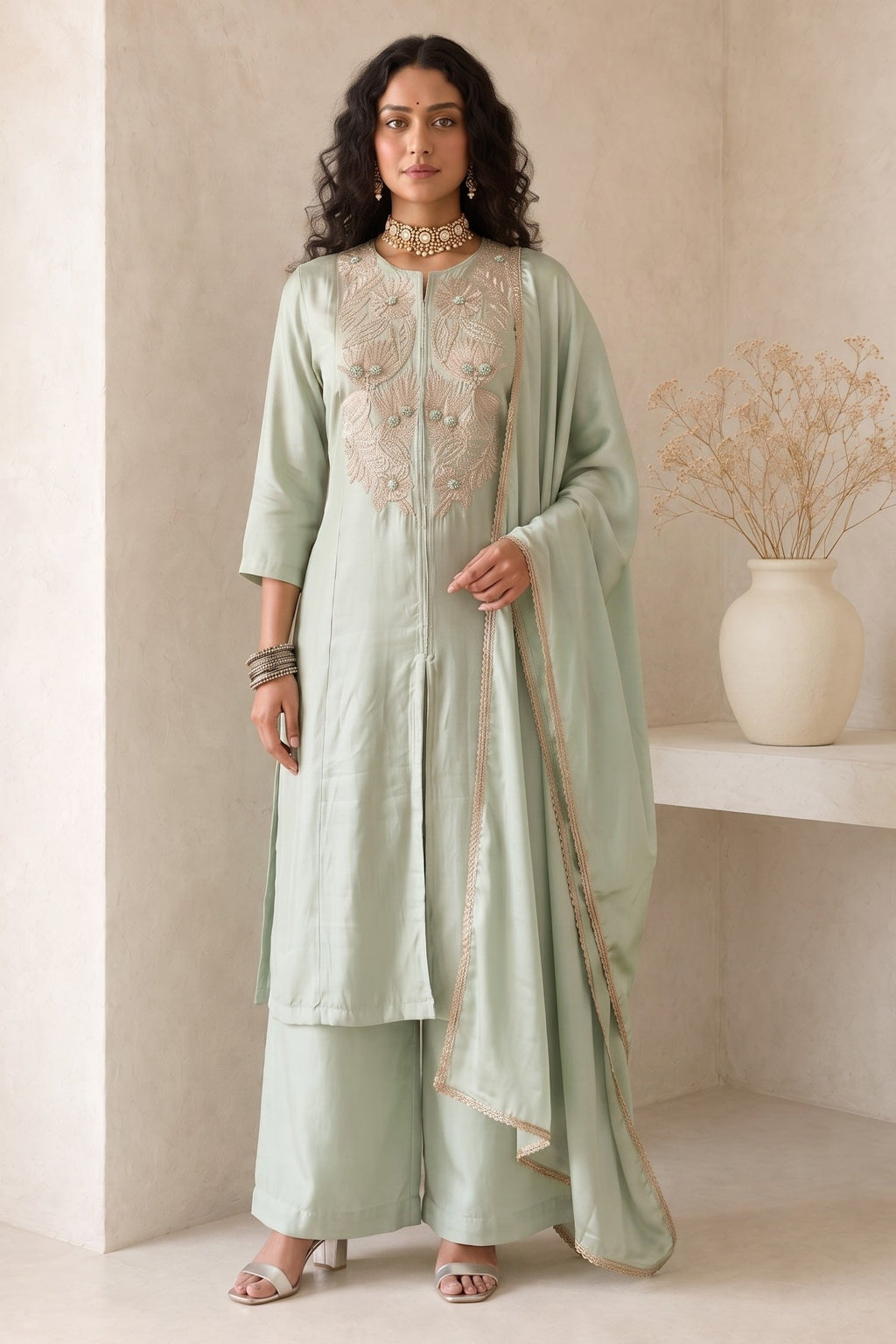 Full-length side view of pastel mint green engagement dresses for women, an A-line kurta with ankle-length pants in roman silk fabric.