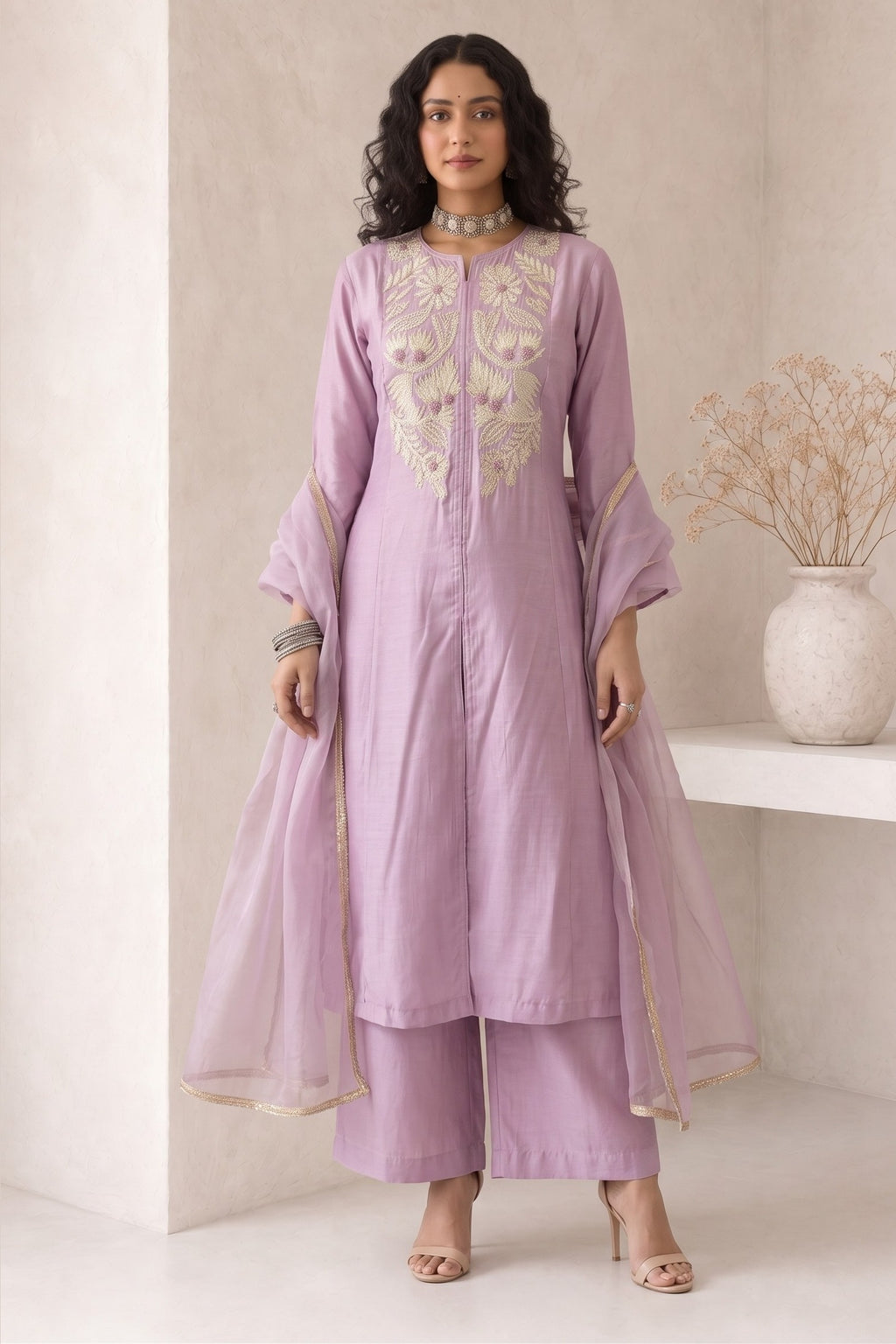 Woman wearing a pinkish lavender indian kurta set, an A-line kurta with ankle-length pants in roman silk, full-length front view.