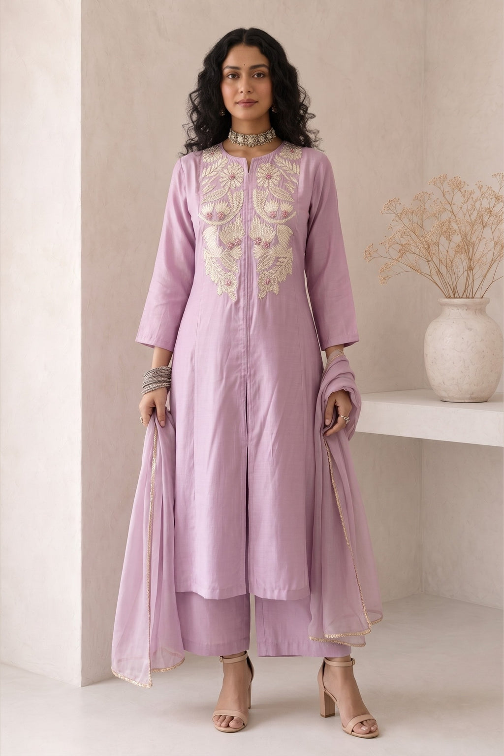 Full-length front view of a pinkish lavender women kurta set, an A-line kurta with ankle-length pants and tabby organza dupatta.