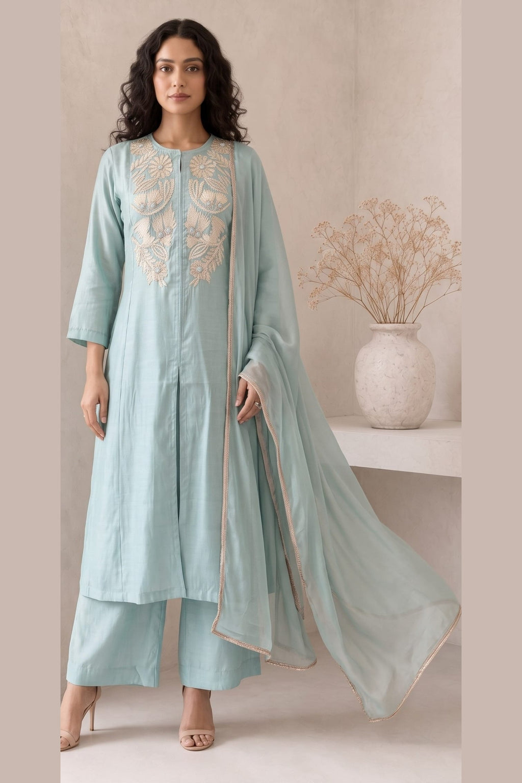 Woman wearing a light cyan diwali outfits for women kurta set, an A-line kurta with ankle-length pants in roman silk, full-length front view.