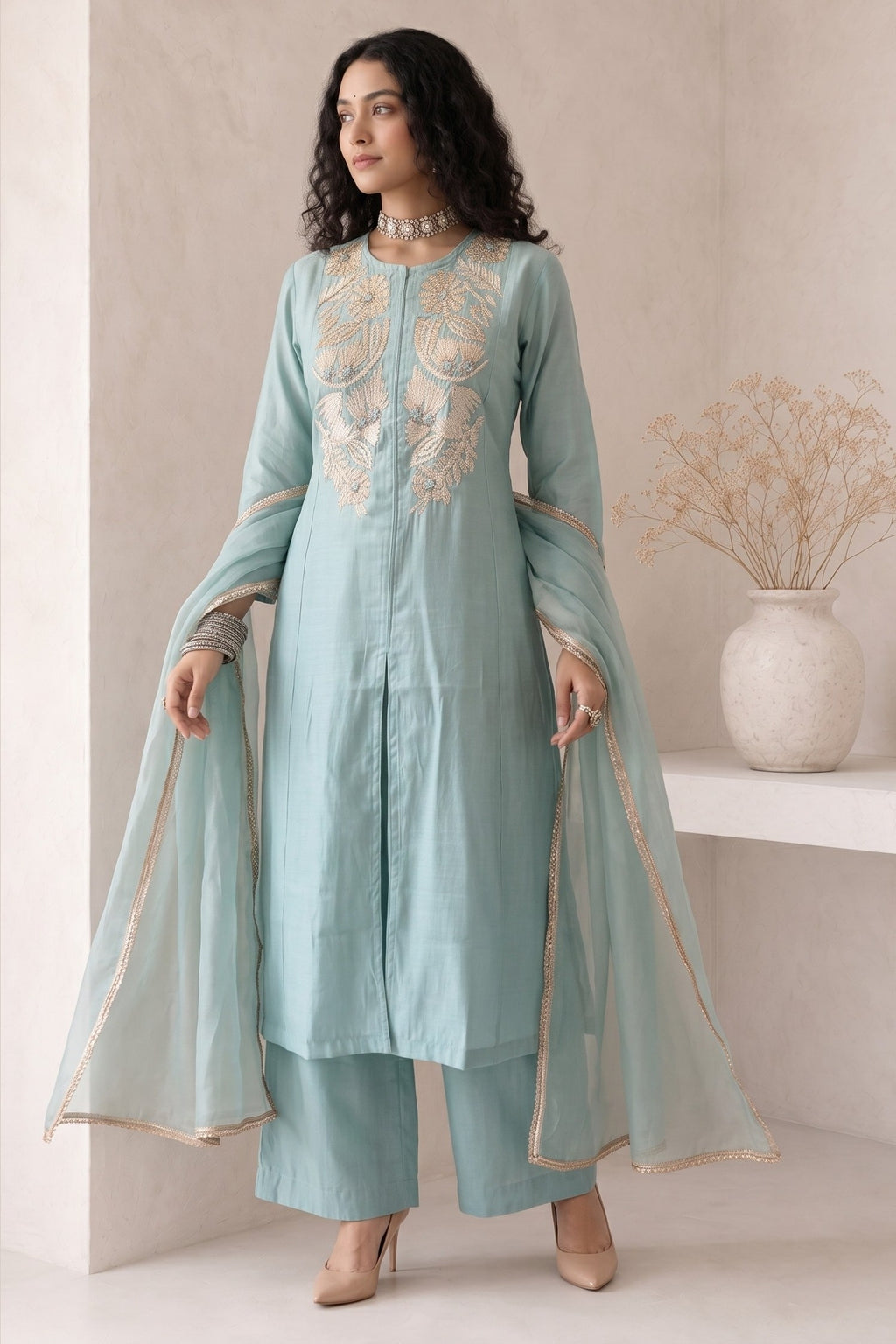 Full-length side view of a light cyan indian wedding guest dresses kurta set, an A-line kurta with ankle-length pants in roman silk.