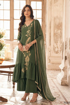 Woman wearing olive green mehndi outfits with an A-line pleated kurta, matching pant and net dupatta, gold zari and sequin work, full-length front view.
