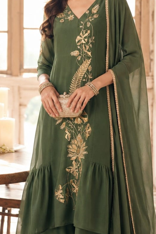 An olive green traditional Indian set with  embroidery, worn by a model holding a matching clutch bag in a warm, sunlit indoor setting.