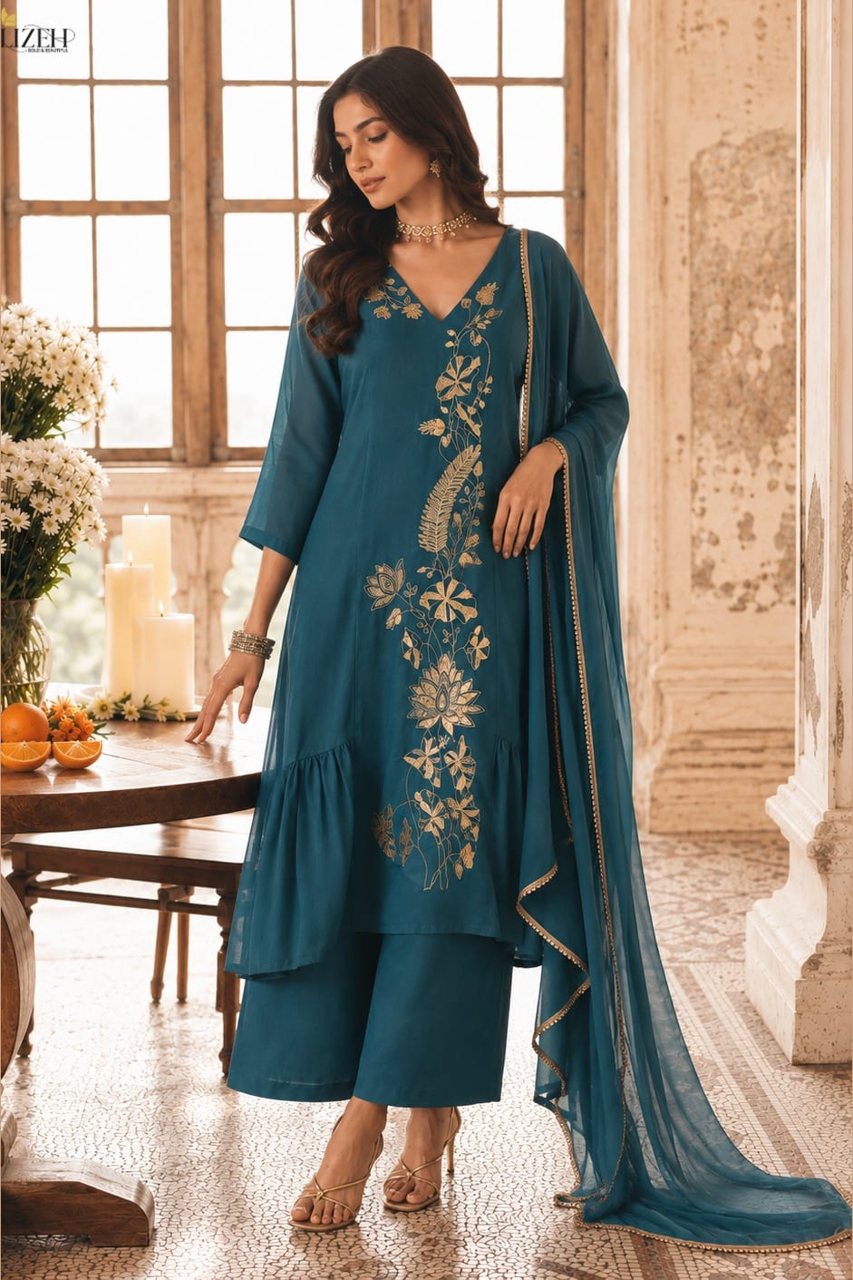 Full-length front view of teal festive wear for women, an A-line pleated kurta with pant, gold zari and sequin work and net dupatta.