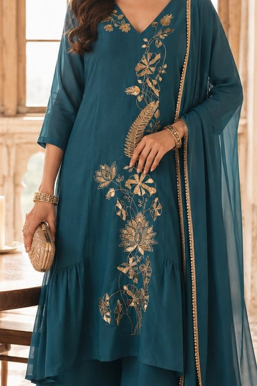 A woman wearing a teal ethnic kurta with embroidery and a matching sheer dupatta, holding a woven clutch in a softly lit indoor setting.