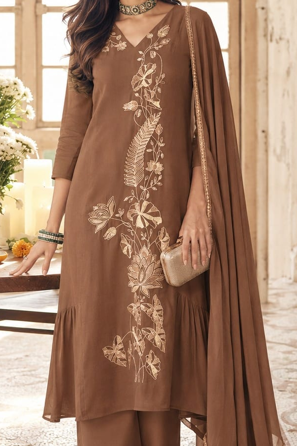 A woman models a brown three-piece kurta suit with embroidery on the front, paired with a matching draped dupatta and pant.