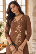 Close-up of brown engagement dresses for women kurta with gold zari and sequin work on the V neckline and three-quarter sleeves.