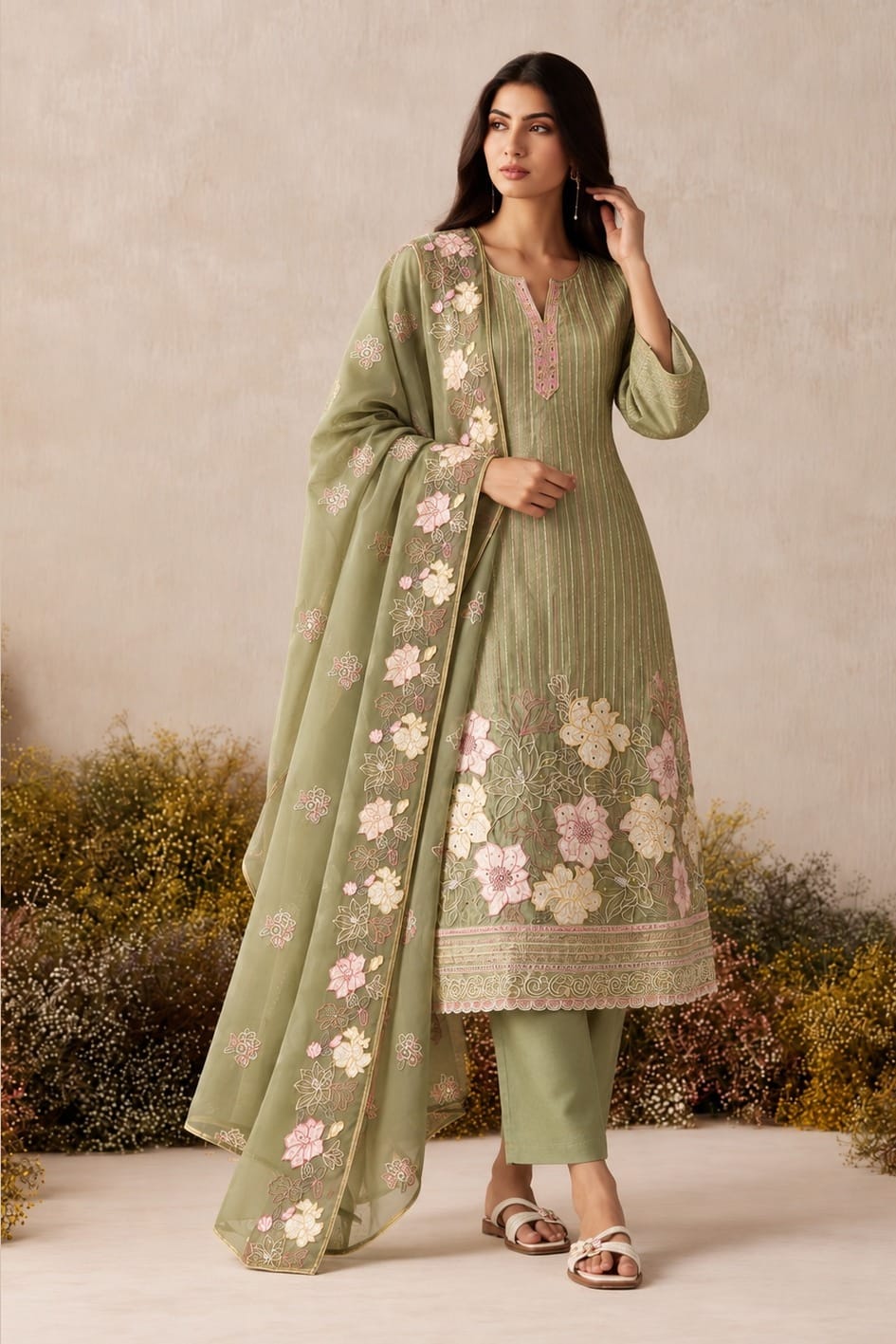 Woman wearing a sage green kurta set for women in shimmer silk with pink floral thread embroidery and chiffon dupatta, full-length front view.