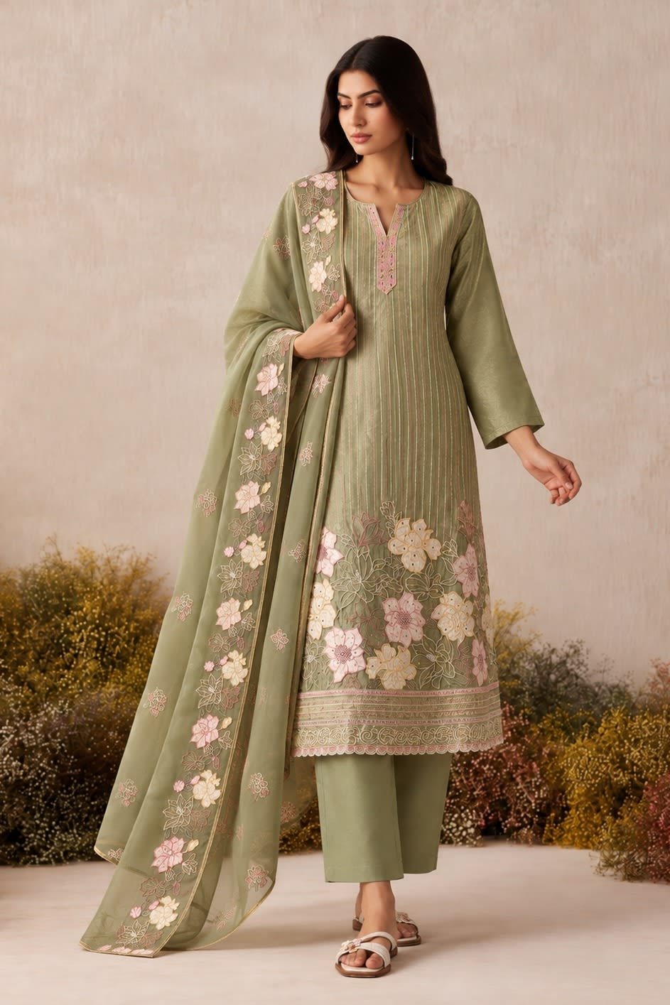 Woman wearing a sage green wedding salwar kameez in shimmer silk with floral thread embroidery, santoon pant and chiffon dupatta, front view.