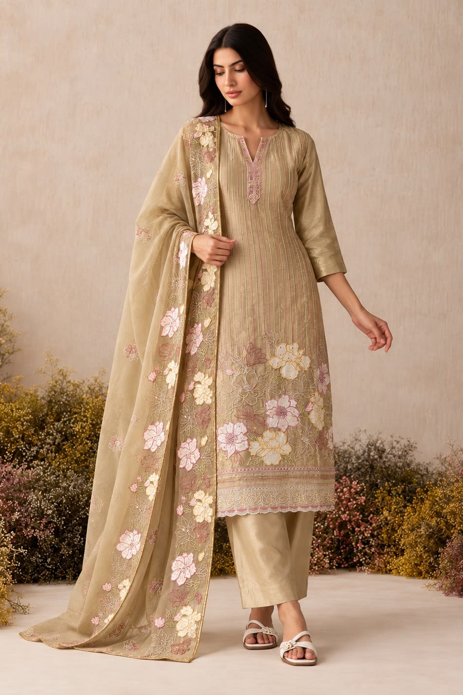 Woman wearing a camel beige kurta set in shimmer silk with floral thread embroidery, santoon pant and chiffon dupatta, full-length front view.