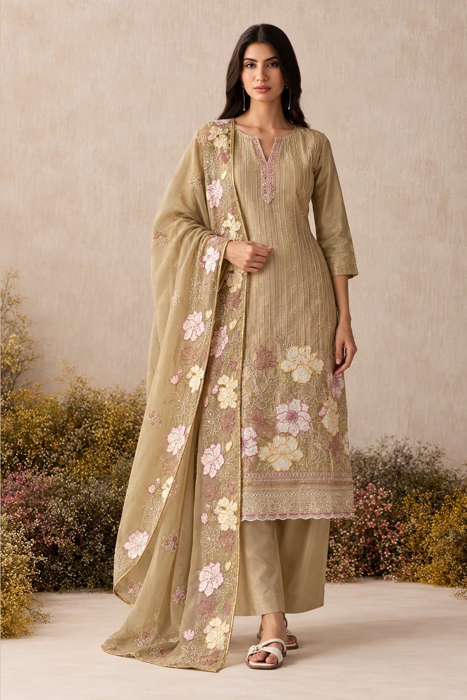 Woman wearing a camel beige kurta set for women in shimmer silk with floral thread embroidery and chiffon dupatta, full-length front view.