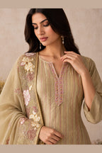 Close-up front view of a camel beige indian salwar kameez in shimmer silk with pink floral thread embroidery on kurta and dupatta.