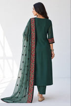 Back view of the dark green indian kurta set with plain kameez back, three-quarter embroidered sleeves and sheer net dupatta with embroidered border.