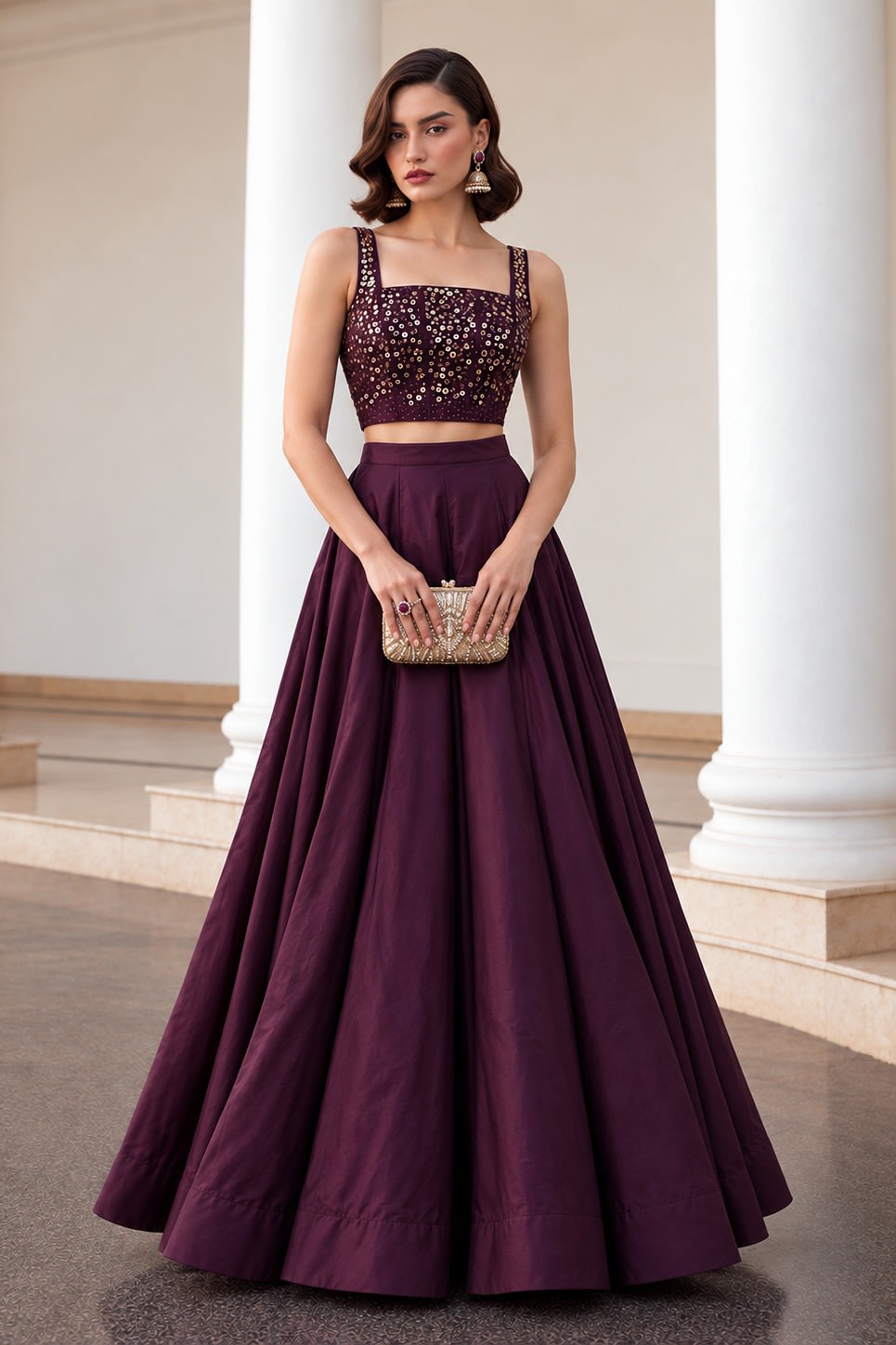 Burgundy wedding lehenga with sequins embroidery work on soft silk, shown in a full front view of the lehenga and sleeveless choli.