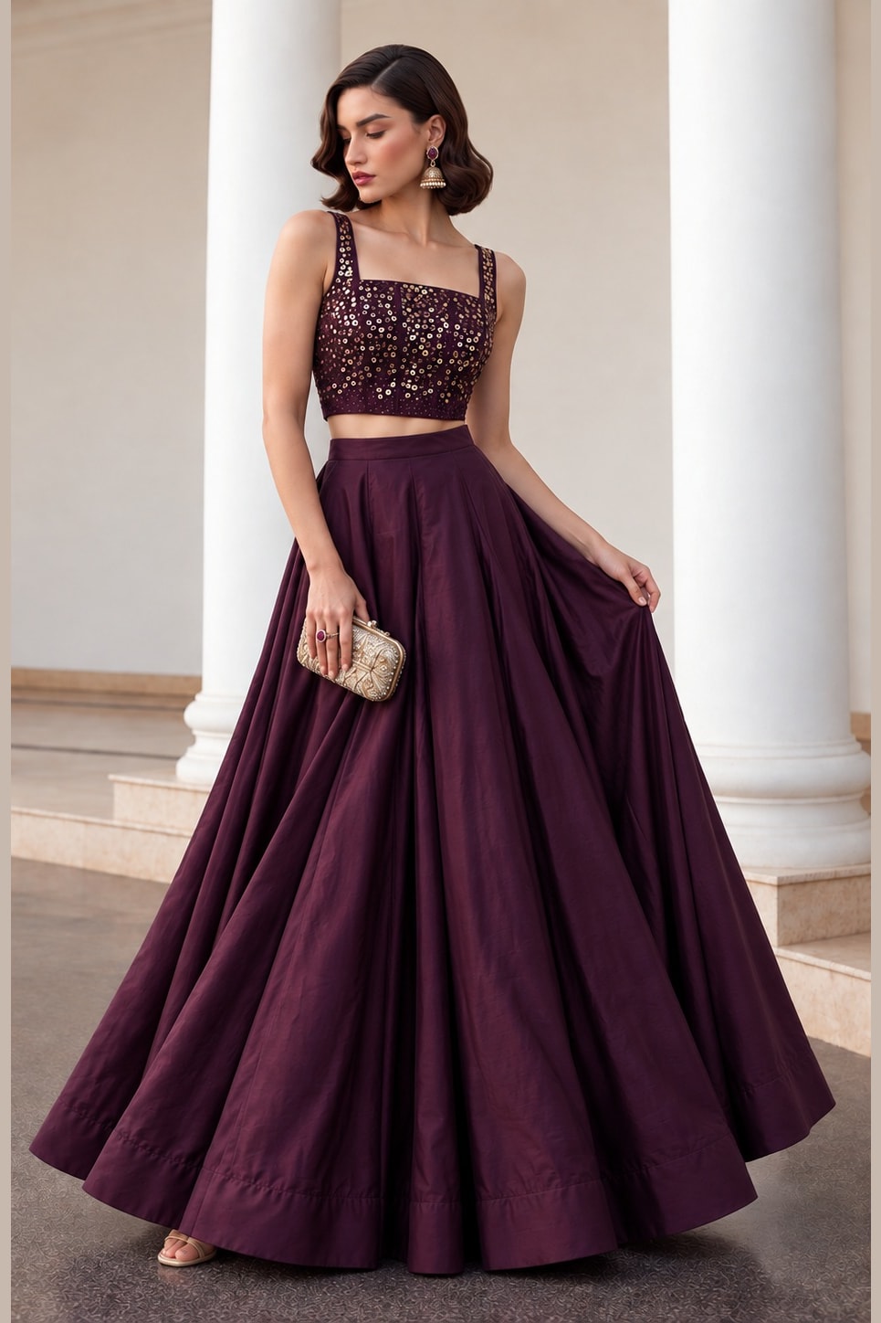 Front view of the Burgundy lehenga choli designs, displaying the flared soft silk lehenga skirt and embroidered sleeveless choli.