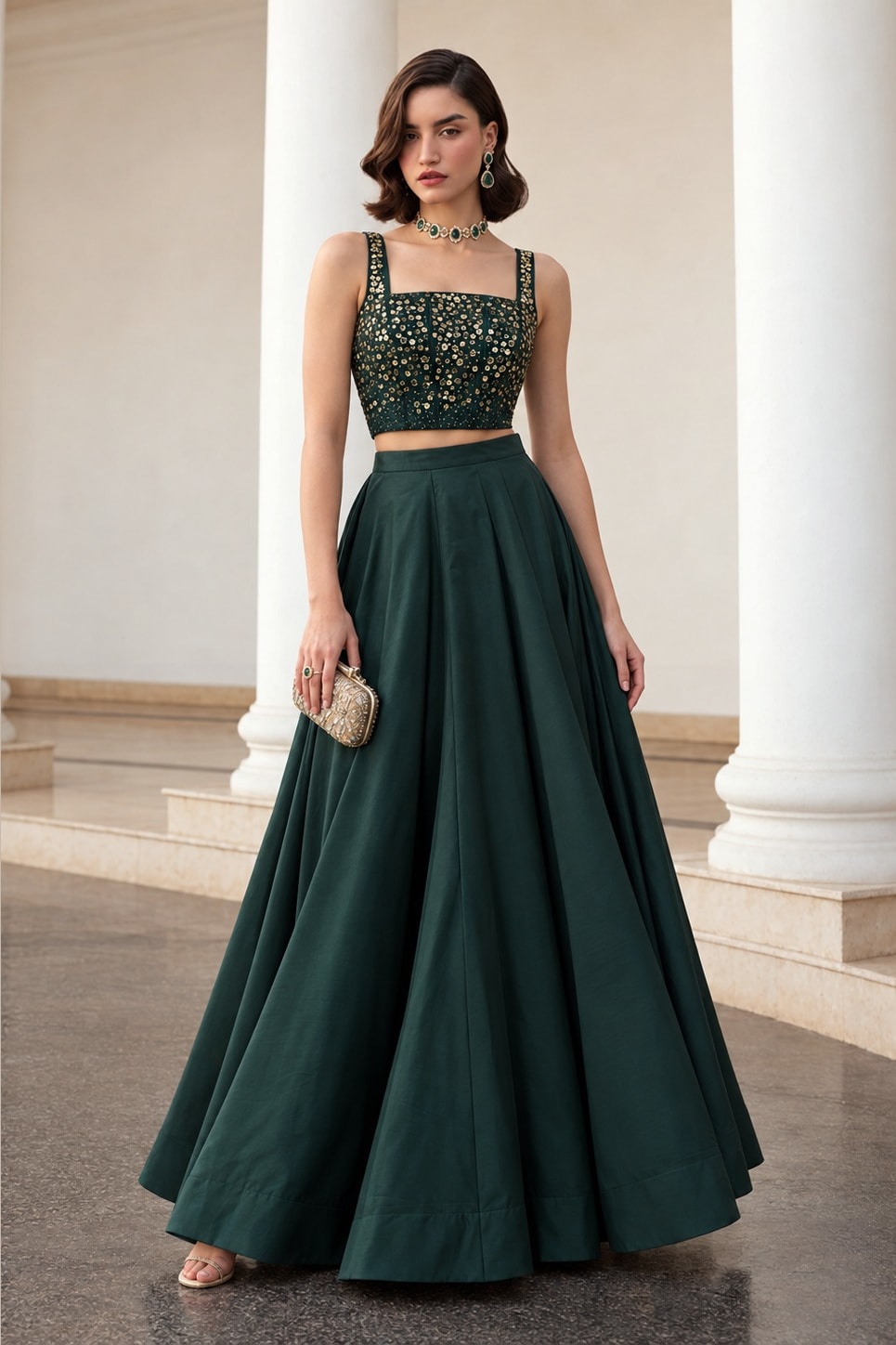 Dark Green sequins lehenga with sequins embroidery work on soft silk, shown in a full front view of the lehenga and sleeveless choli.