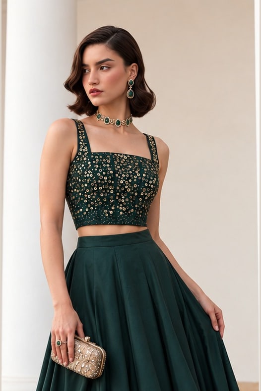 Front view of the Dark Green lehenga choli designs, displaying the flared soft silk lehenga skirt and embroidered sleeveless choli.