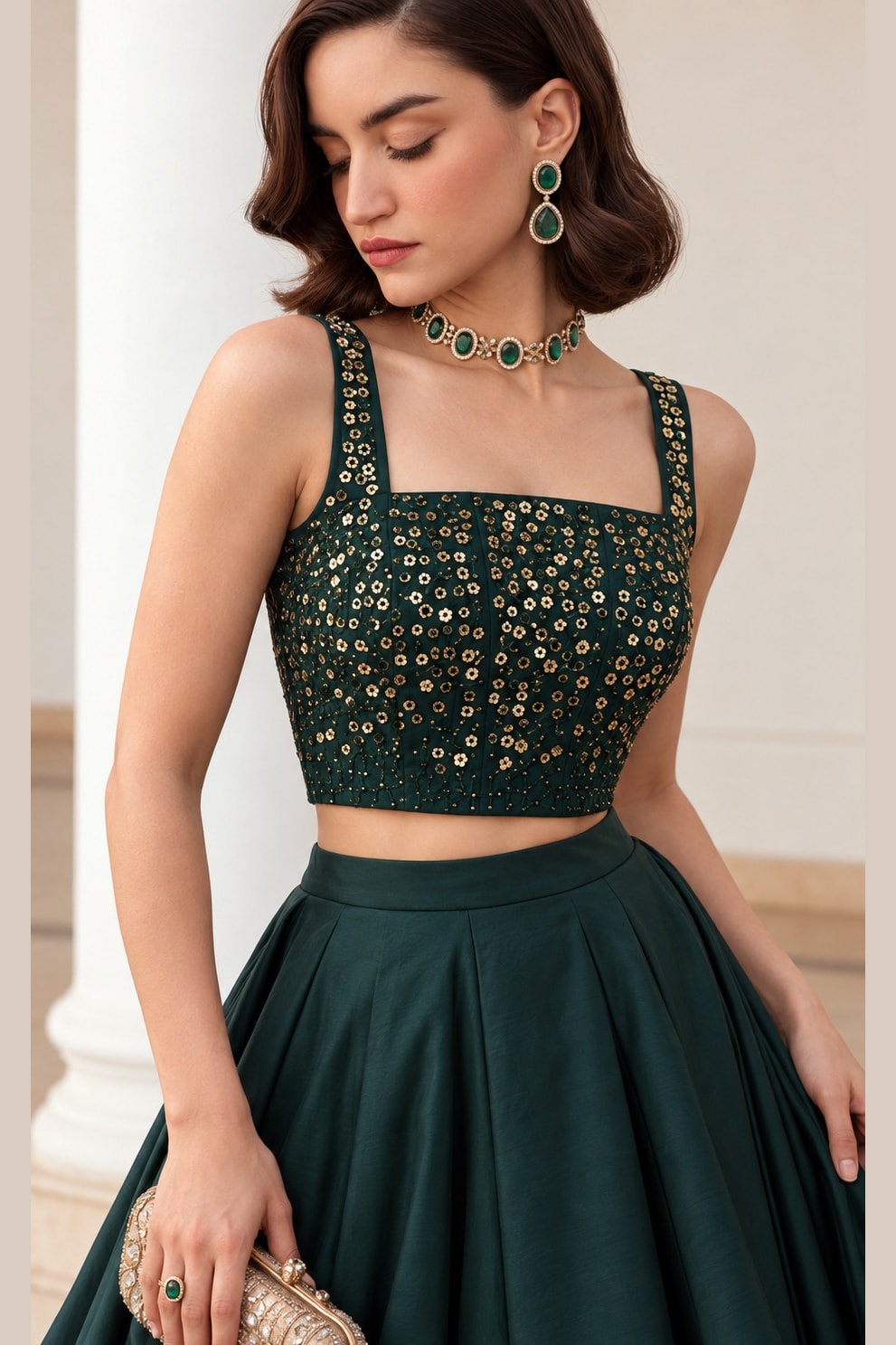 Close-up of the Dark Green lehenga skirt, showing the sequins embroidery detailing on the soft silk choli neckline.
