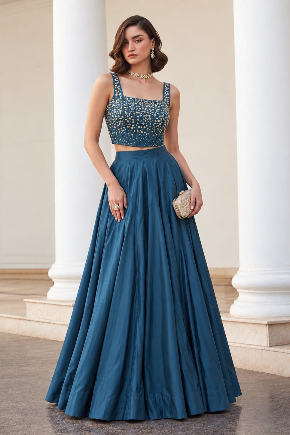 Teal Blue lehenga skirt with sequins embroidery work on soft silk, shown in a full front view of the lehenga and sleeveless choli.
