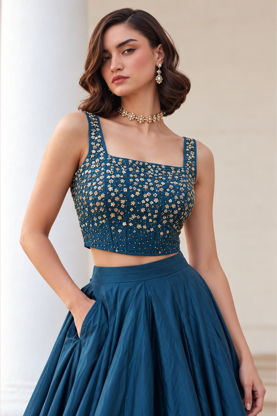 Close-up of the Teal Blue sequin lehenga, showing the sequins embroidery detailing on the soft silk choli neckline.