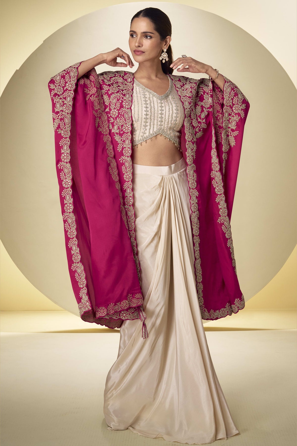 Magenta Embroidered Chinon Silk Palazzo Suit for Party