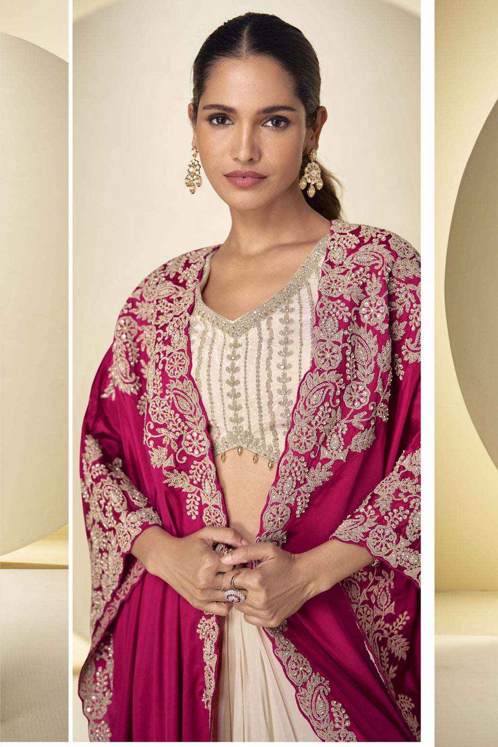 Magenta Embroidered Chinon Silk Palazzo Suit for Party