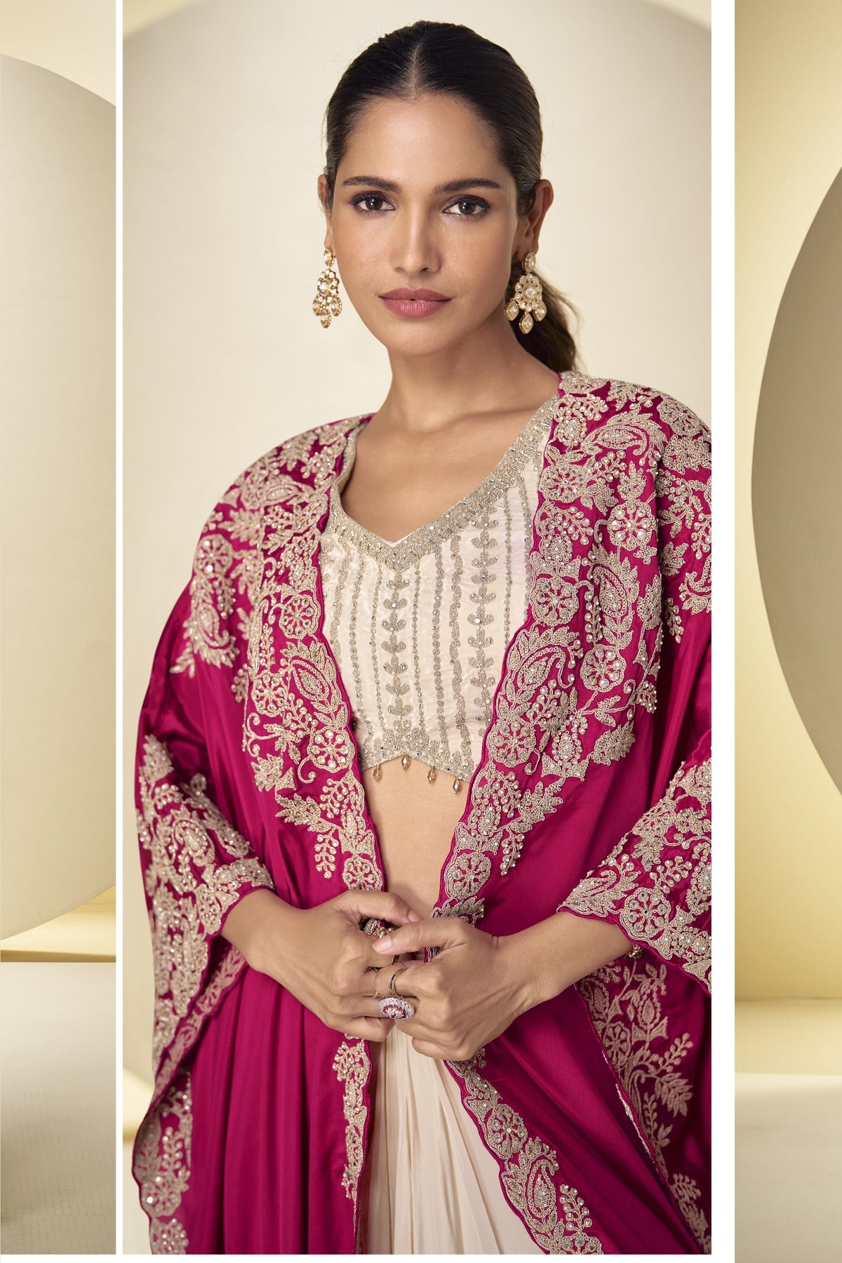 Magenta Embroidered Chinon Silk Palazzo Suit for Party