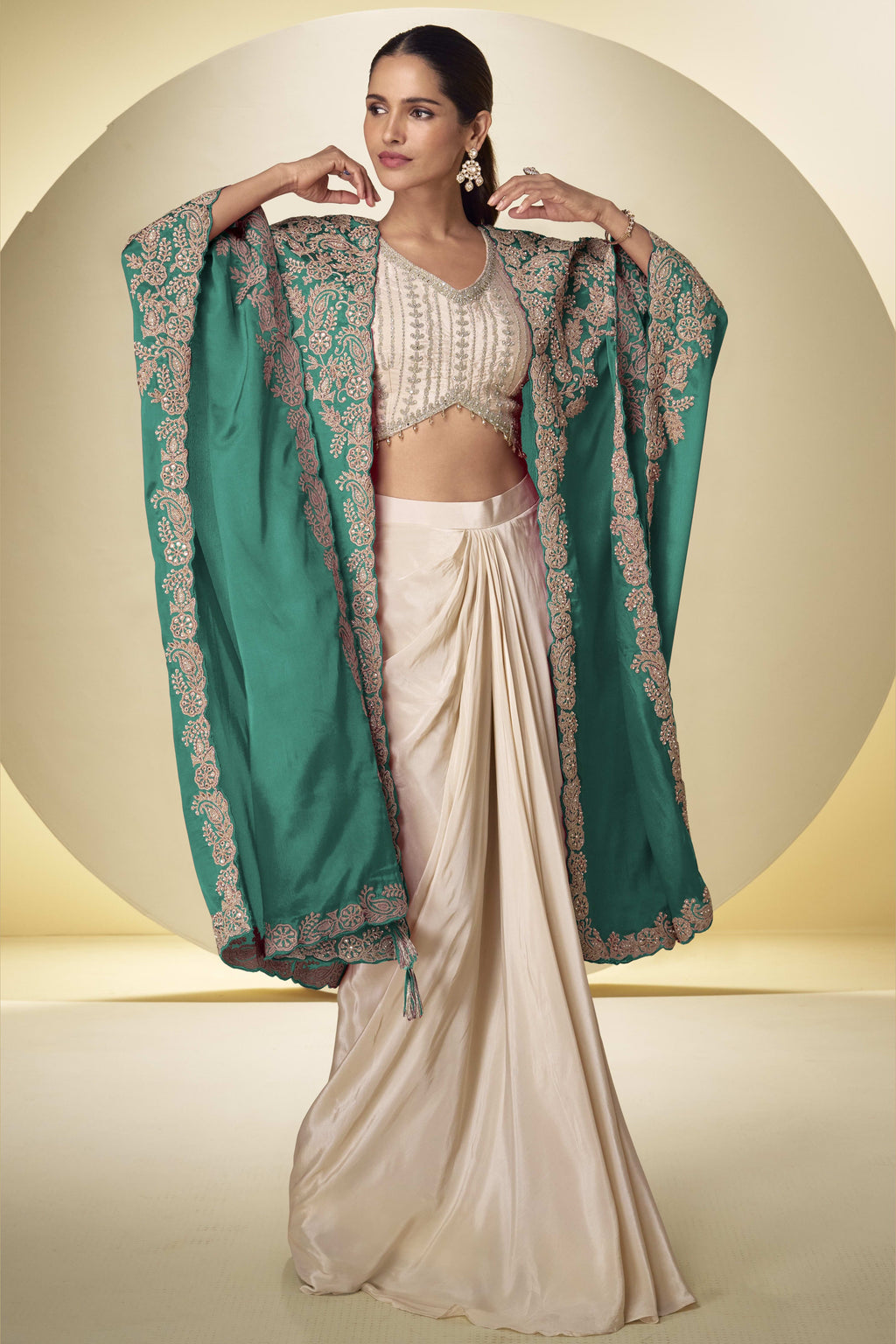 Green Embroidered Plazo Suit for Mehndi in Chinon Silk