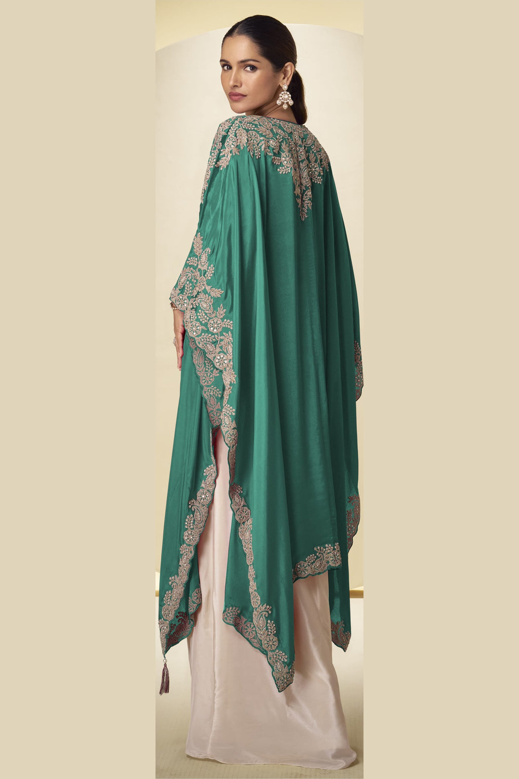 Green Embroidered Plazo Suit for Mehndi in Chinon Silk