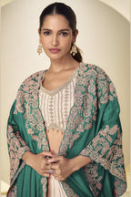 Green Embroidered Plazo Suit for Mehndi in Chinon Silk