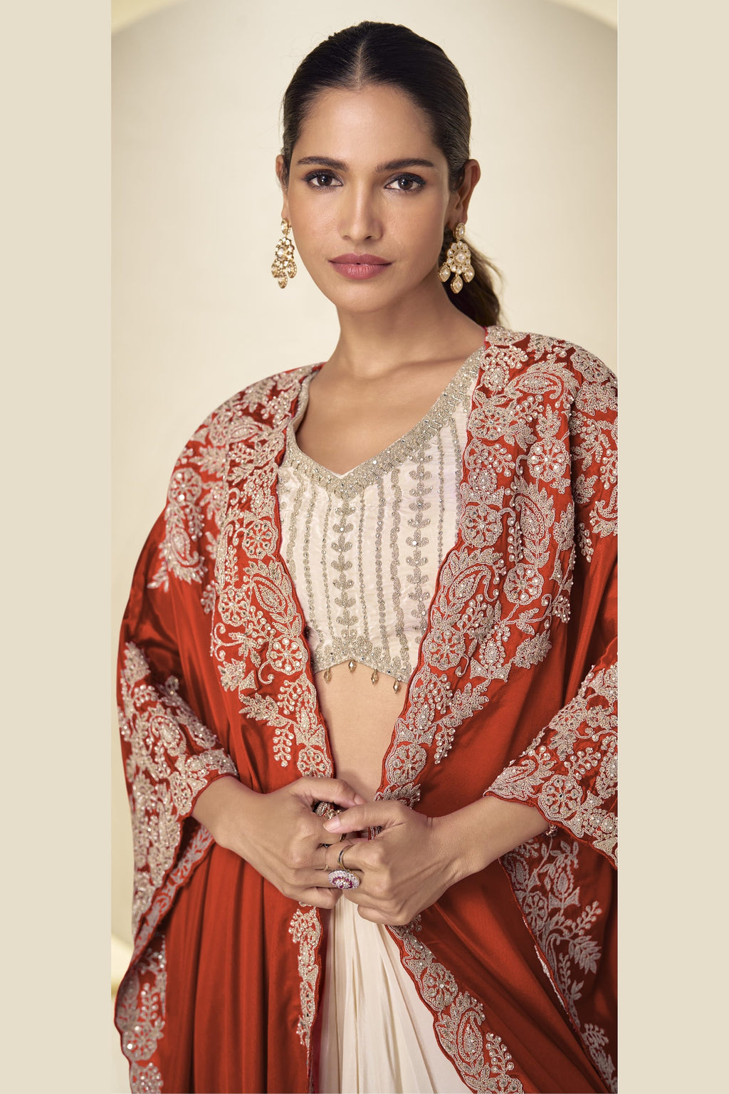 Rust Embroidered Plazo with Suit and Dupatta