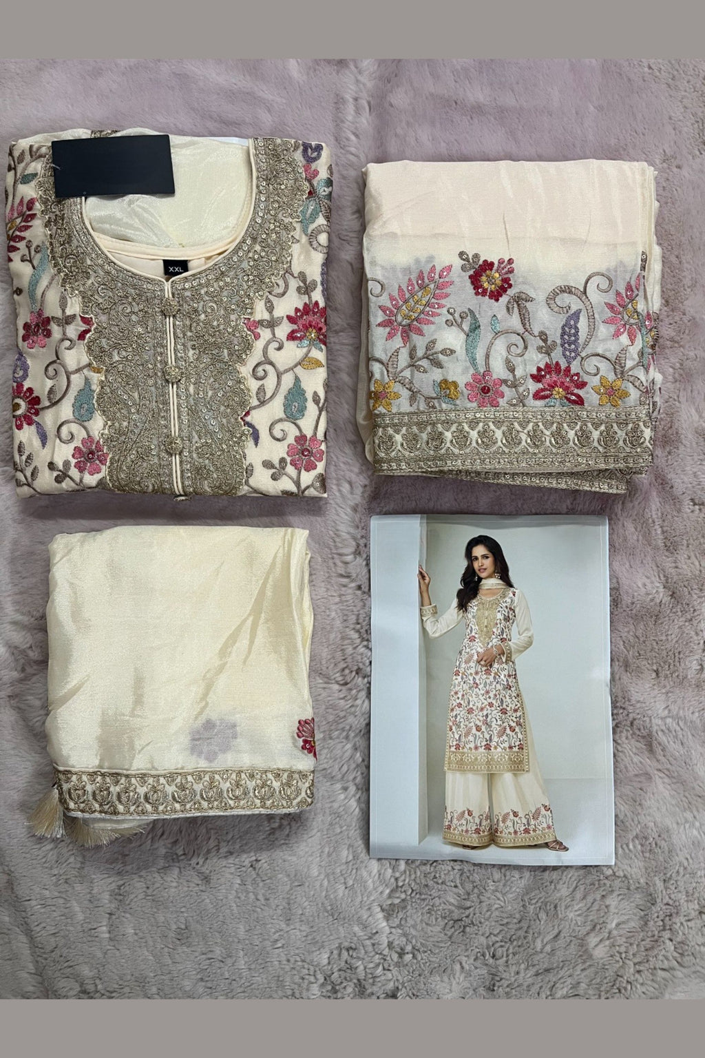 Cream Chinon Silk Plazo Suit For Indian & Pakistani Wedding Festival - Embroidery Work