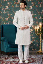 Cream Art Silk Traditional Sherwani Long Kurta & Chudidar for Men for Wedding - Embroidery Work, Bead Work
