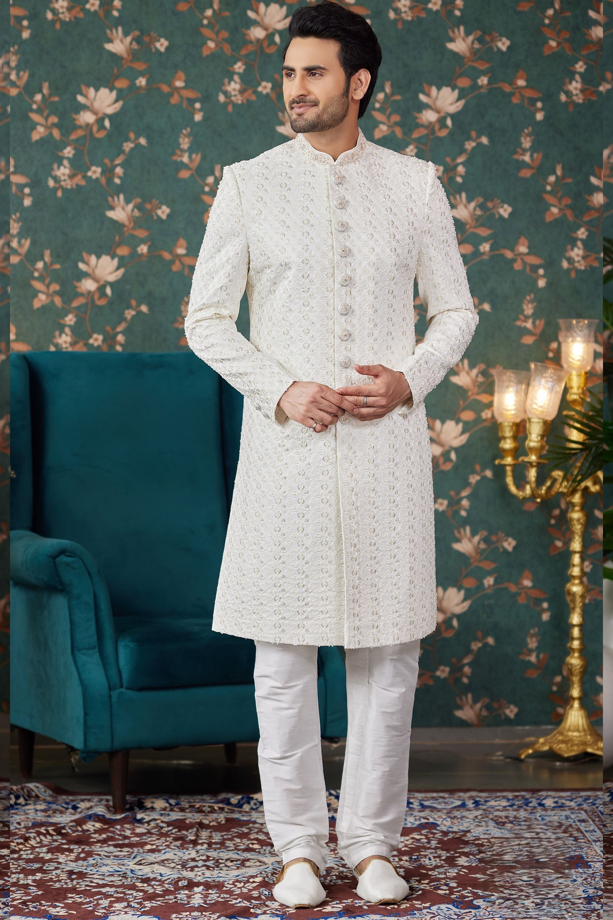 Cream Art Silk Traditional Sherwani Long Kurta & Chudidar for Men for Wedding - Embroidery Work, Bead Work