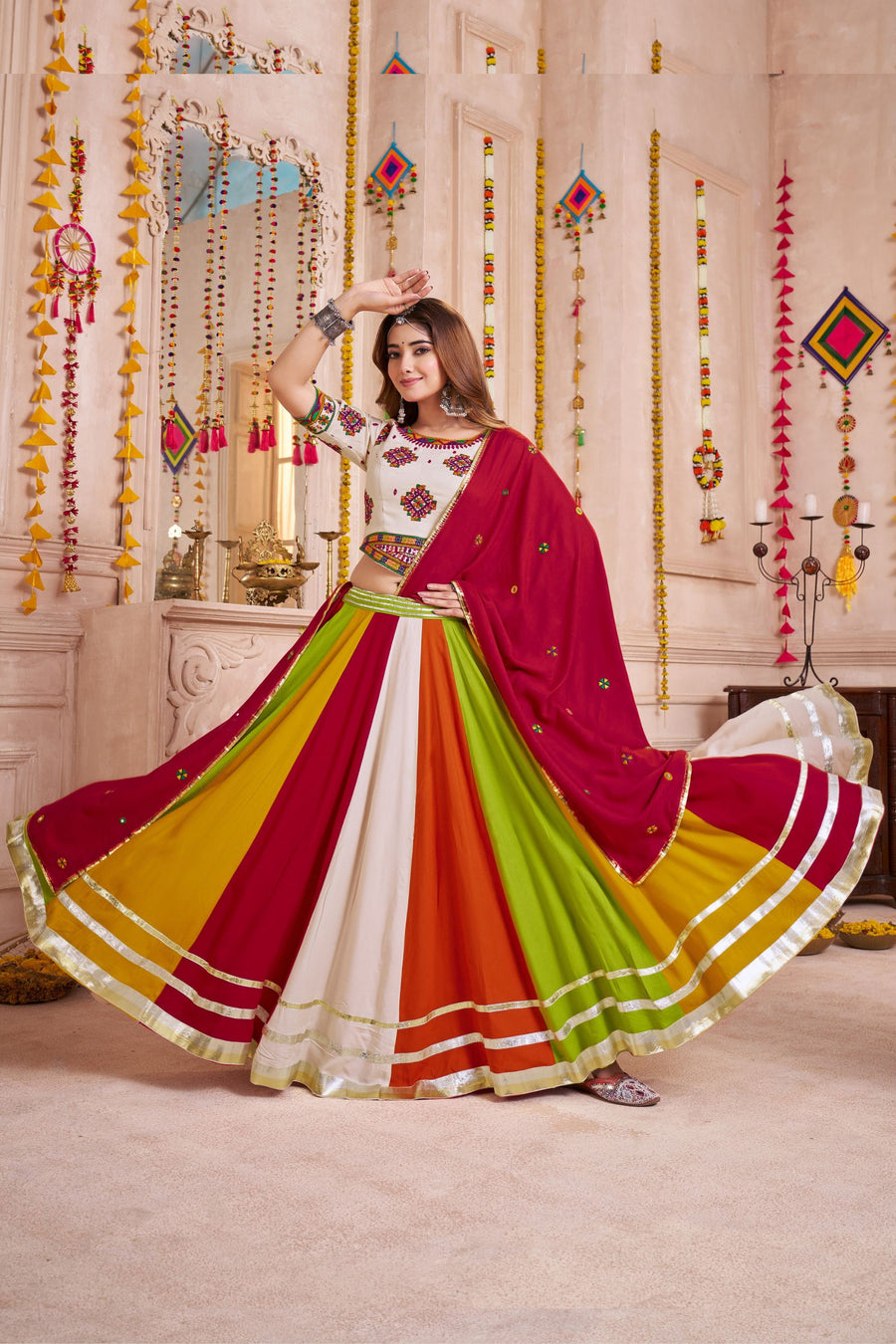 Multicolor Viscose Cotton Navratri Chaniya Choli For Garba Festivals 9.5 Meter Flair - Thread Embroidery Work, Real Mirror Work