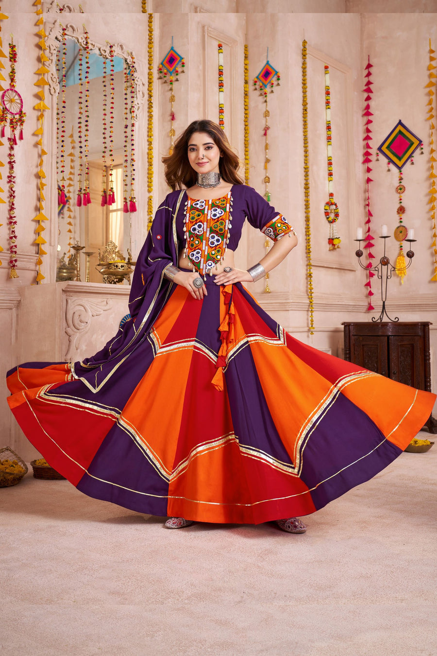 Orange Viscose Cotton Navaratri Garba Chaniya Choli For Indian 8 Meter Flair - Real Mirror Work, Thread Embroidery Work