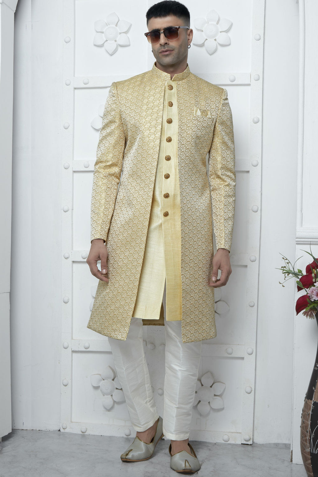 Light Golden Jacquard Silk Indo Western Suit Long Kurta with Jacket & Pant for Men for Wedding - Jacquard Work