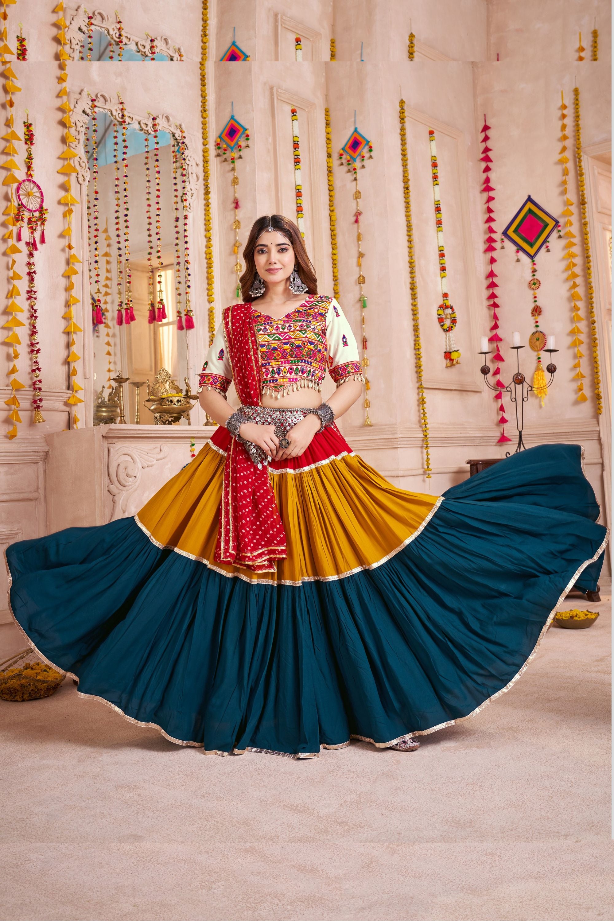 Multicolor Viscose Cotton Navratri Chaniya Choli For Indian Garba 13 Meter Flair - Thread Embroidery Work, Real Mirror Work