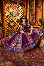 Purple Viscose Cotton Indian Navaratri Festival Garba Chaniya Choli Set 9 Meter Flair - Real Mirror Work, Print Work, Thread Embroidery Work