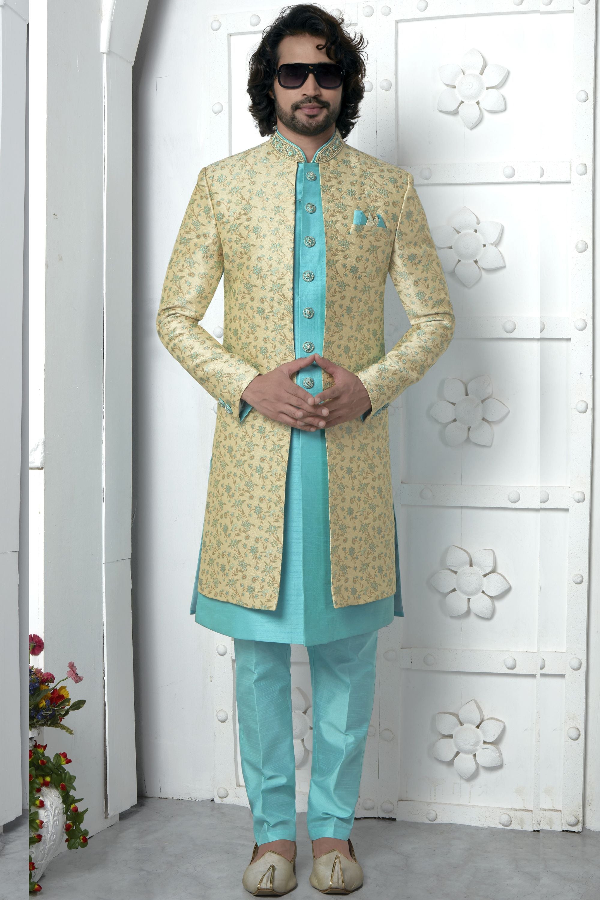 Beige Jacquard Silk Indo Western Suit Long Kurta with Jacket & Pant for Men for Wedding - Jacquard Work