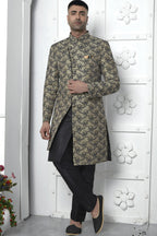 Black Jacquard Silk Indo Western Suit Long Kurta with Jacket & Pant for Men for Wedding - Jacquard Work