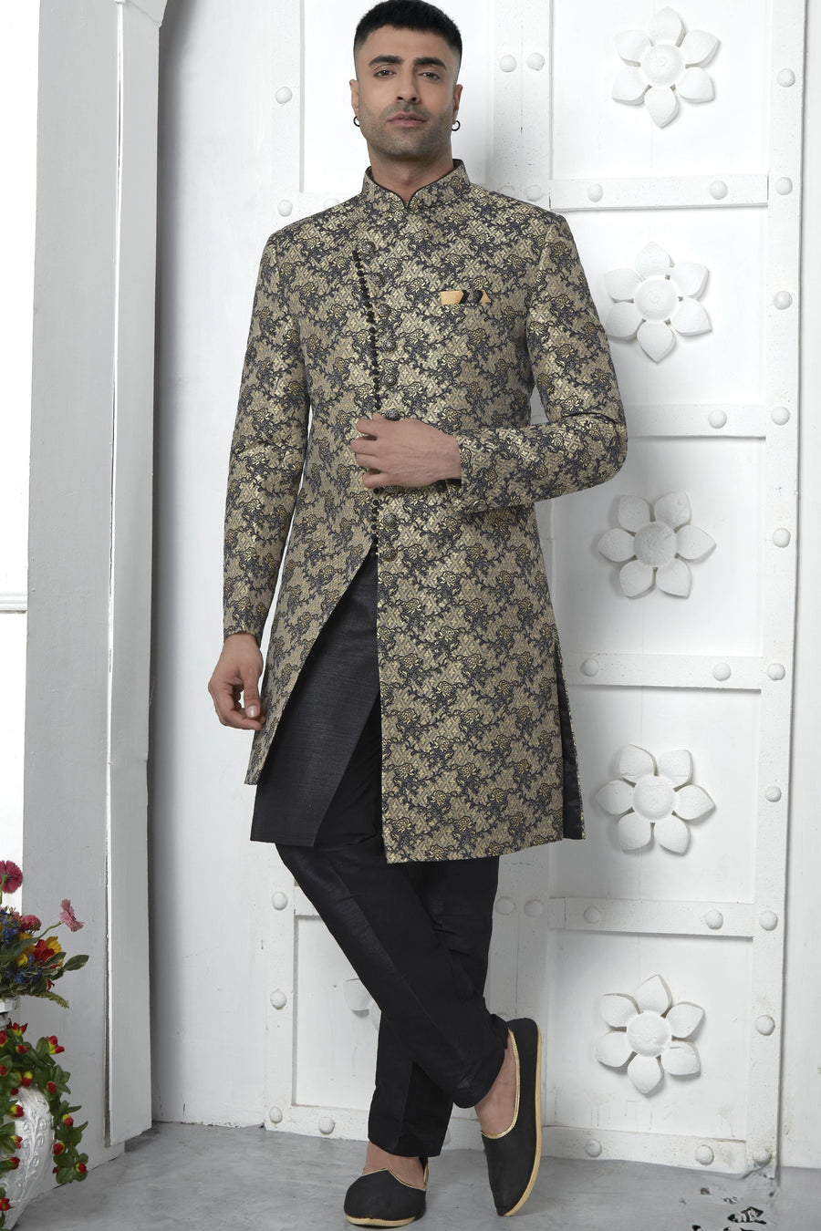 Black Jacquard Silk Indo Western Suit Long Kurta with Jacket & Pant for Men for Wedding - Jacquard Work