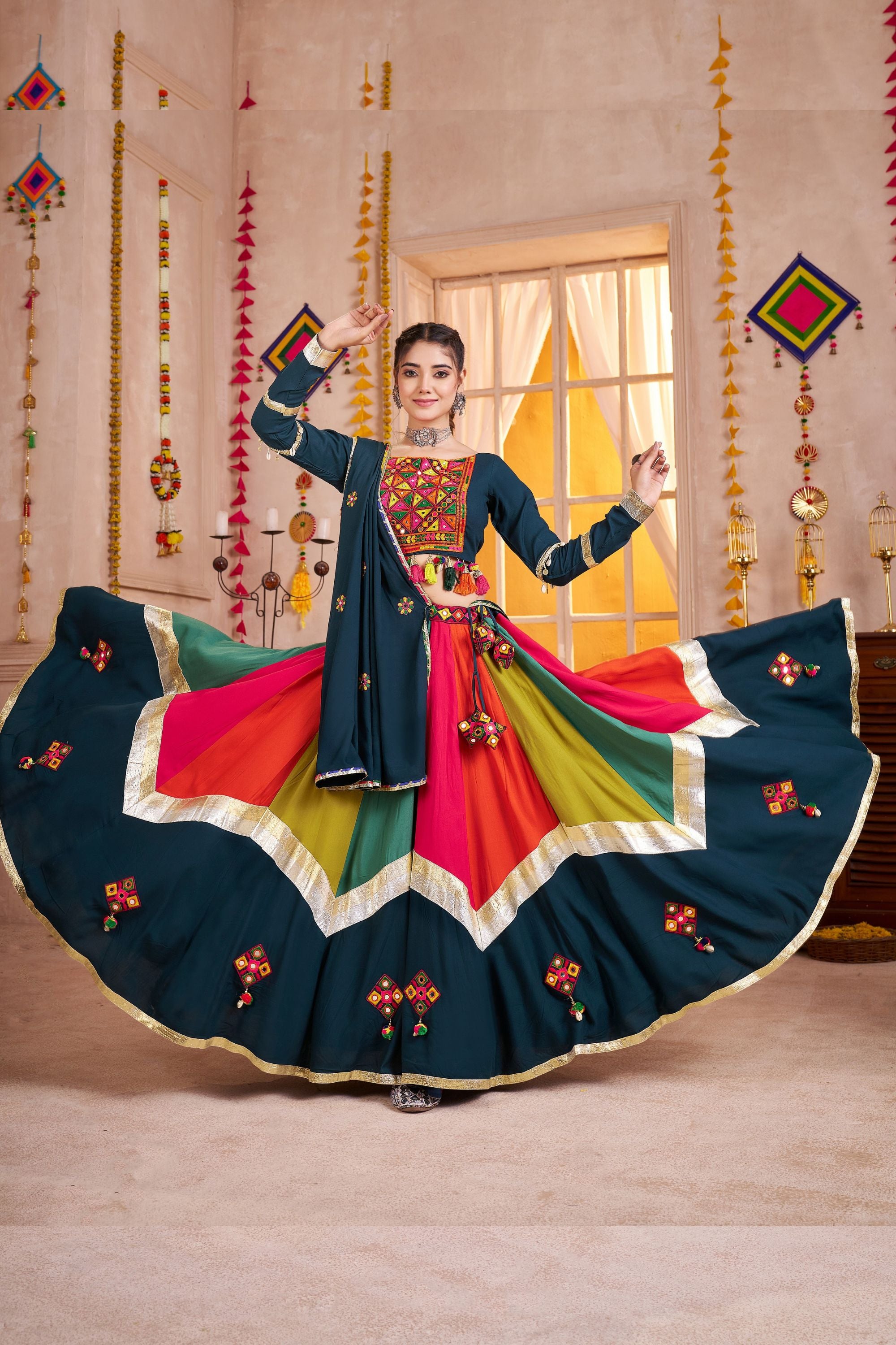 Teal Multicolor Viscose Cotton Navratri Chaniya Choli For Indian Garba 10 Meter Flair - Real Mirror Work, Thread Embroidery Work