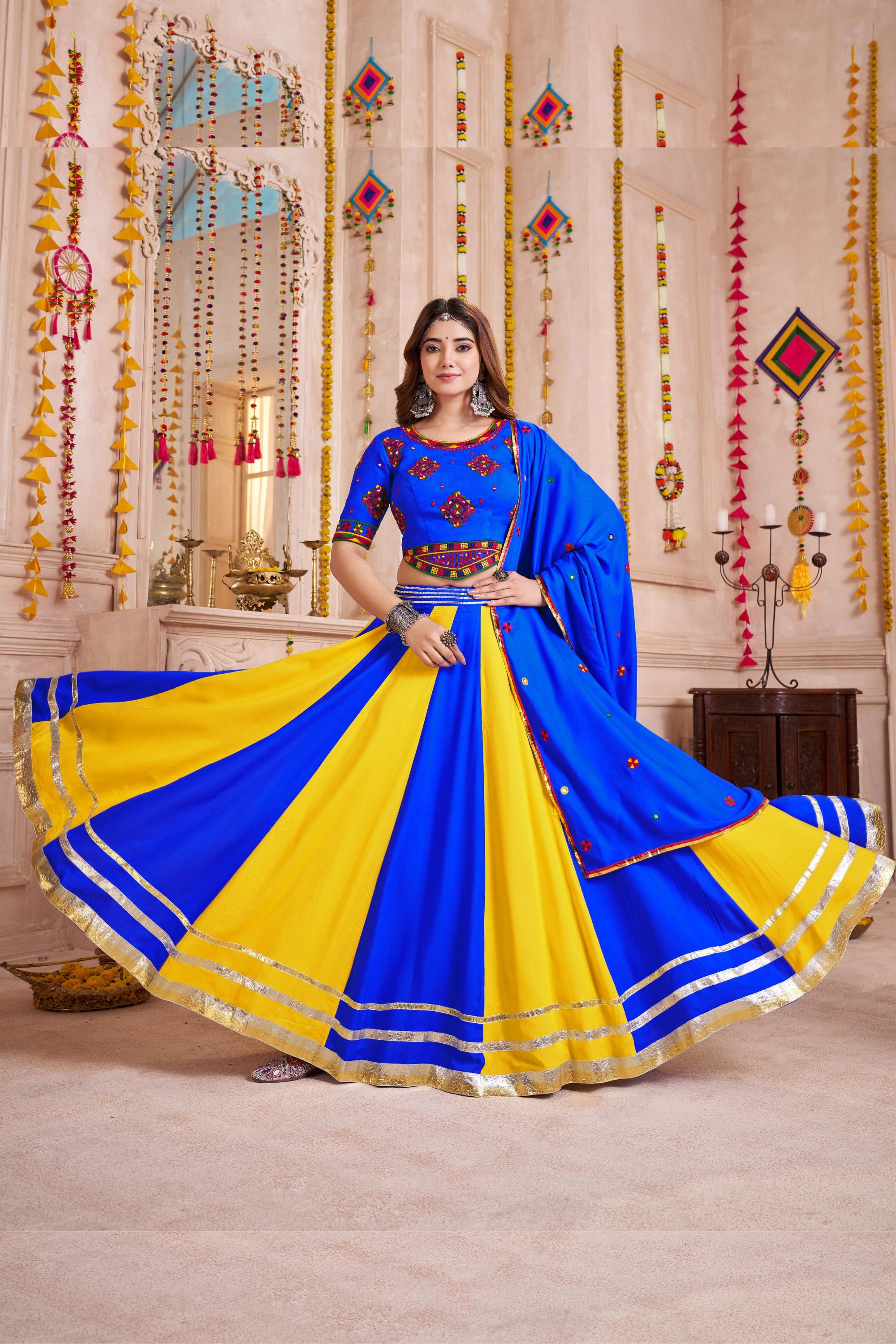 Purple Viscose Cotton Navratri Garba Chaniya Choli For Festivals 9.5 Meter Flair - Real Mirror Work, Thread Embroidery Work