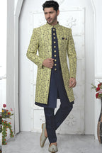 Green Jacquard Silk Indowestern Suit Long Kurta with Jacket & Pant for Men for Wedding - Jacquard Work